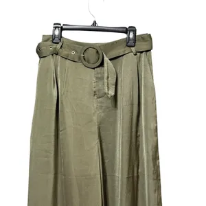 VICI Women Olive Green Satin Wide Leg Belted Pleated Trousers Size Small thumbnail 3
