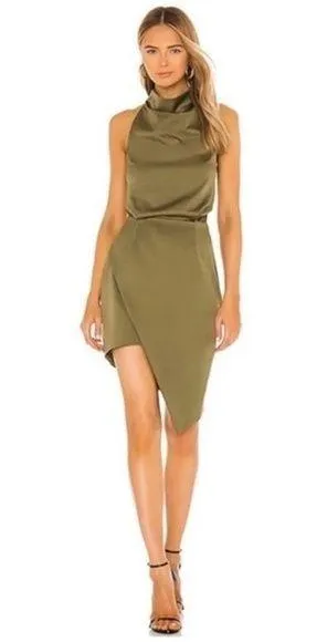 Elliatt Camo Green Asymmetric Satin Halter Mini Dress Size XS thumbnail 1