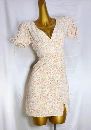 Kiss the Sky Pink/Green Puff Sleeve V-neck Mini Dress w/ Slit thumbnail 2