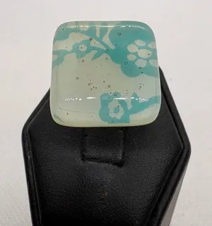 Vintage 925 Sterling Silver Art Glass Square Floral Adjustable Ring Size 6 Aqua thumbnail 1