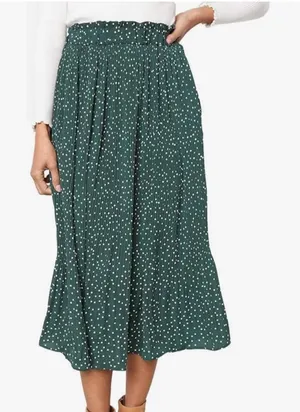 Exlura Women’s High Waist Green White Polka Dot Pleated Midi Swing Skirt Size XL thumbnail 1