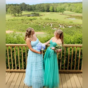 Flowy princess bustier blue green aqua prom dress thumbnail 4