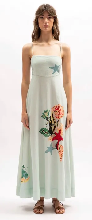NWT La Maise Studio Marie Maxi Dress Reef Print Linen Blend A-Line‎ XL $224 thumbnail 1