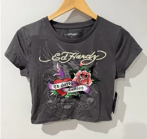 Ed Hardy‎ Rose Heart Rhinestone Charcoal Crop T-Shirt Retro Y2K NWT R thumbnail 1
