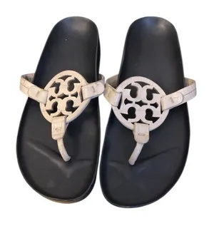 Tory Burch Black & Cream Leather Logo Thong Sandals Size 7M thumbnail 1
