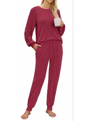 NEW Ribbed 2 Pc Lounge Set Casual Long Sleeve Tops Pants XL thumbnail 5