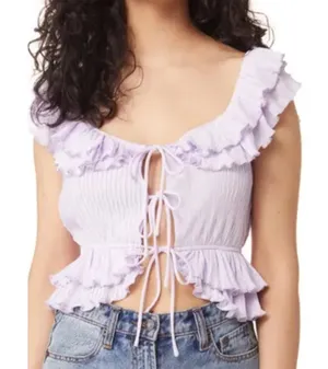 Astr The Label Women's Lavender Pintuck Tie Front Crop Top Ruffle L NWT thumbnail 1