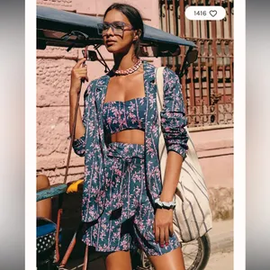 Free People Poolside Navy Blue & Pink Floral 3 Piece Set Sz‎ L thumbnail 3