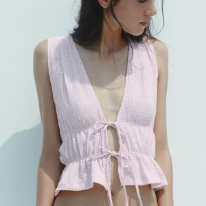 NWT Zara women’s Pink Gingham Tie-Front Top medium thumbnail 3