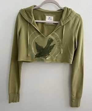 NEW Aerie bird Cropped Hoodie sweatshirt olive Green SMALL thumbnail 1