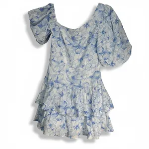 Hello Molly Blue Floral Tiered Ruffle Mini Dress Puff Sleeve Cotton Womens 6 M thumbnail 2
