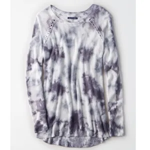 AMERICAN EAGLE Shoulder Stitch Sweater Gray Black ? Tie Dye Boho Crew Neck Boho thumbnail 4