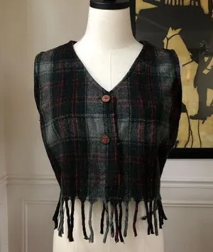 Vintage No Barriers Plaid Wool Fringe Crop Vest L thumbnail 1