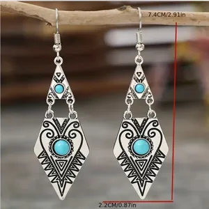 Carved Geometric Shape With Turquoise Decor Dangle Earrings Retro Bohemian Style thumbnail 3