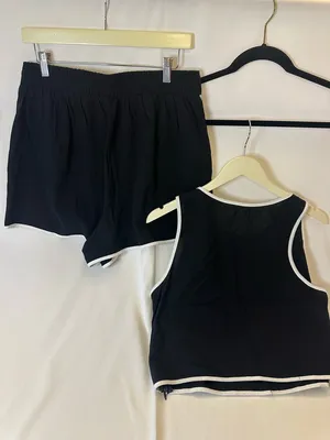 Black Two-Piece Tank Top & Shorts Set with White Trim thumbnail 4