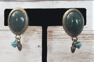 Vintage Clip On Earrings - Green Oval with Dangles thumbnail 1