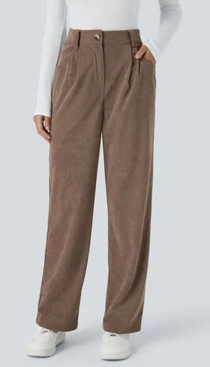 Halara High Rise Corduroy Pleated Straight Pants Soft Casual Brown Large Tall thumbnail 1