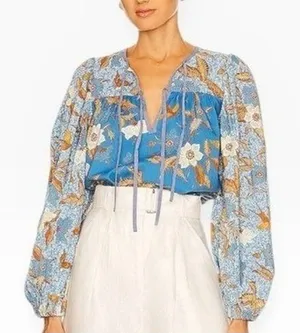 Ulla Johnson Joanie Top Lapis Blue Bird Floral Print Puff‎ Sleeve Flowy Blouse S thumbnail 1