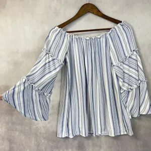 DREW Women Top Blouse Size Medium Off Shoulder Stripe Tiered Bell Sleeve Peasant thumbnail 4