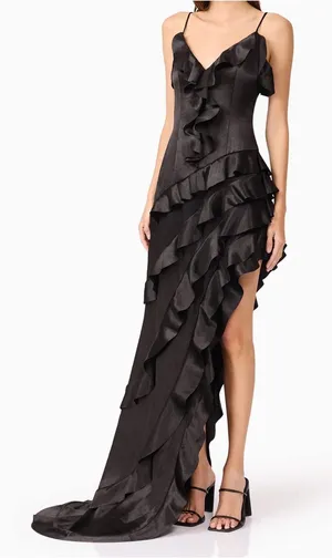 Elliatt Black Kyla Satin Ruffled Asymmetric Maxi Dress thumbnail 1