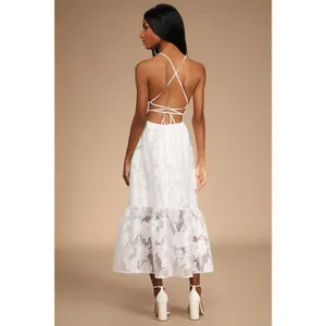 NWT Lulus Feeling Like Forever White Jacquard Organza Lace-Up Midi Dress Size M thumbnail 3