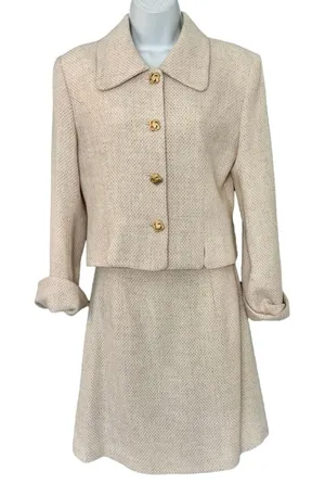 Bosch White Beige Cream Gold Button Luxury Regal Tweed Skirt Suit size 6 / L thumbnail 1