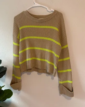 Evereve Oat Tan & Neon Yellow Emma Crew Ribbed Striped Sweater small thumbnail 1