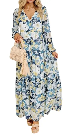 Sugar+Lips Seas The Moment Floral Maxi Dress Small Sky Blue Tiered Boho NWT‎ thumbnail 1