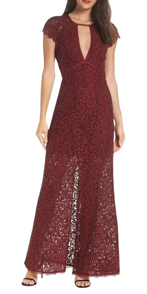 Harlyn Anthropologie Pomegranate Keyhole Maxi Lace Dress Burgundy‎ S Cap Sleeve thumbnail 1