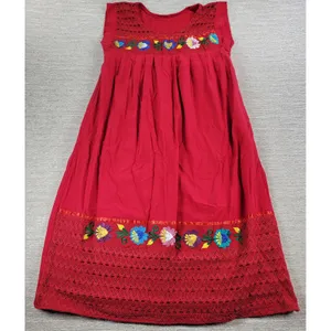 Handmade Mexican Dress M Red Embroidered Muumuu Floral Crochet Boho Hippie Midi thumbnail 3