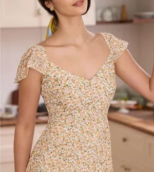 Rihoas The Yellow V Neck Floral Slit Midi Dress thumbnail 4