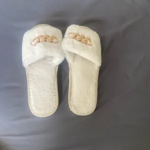 Faux Fur Slide Slippers with Gold Chain Detail thumbnail 2