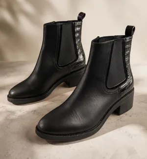 ZARA Block Heel Leather Croc Embossed Ankle Chelsea Boots, Black US 7.5 EU 38 thumbnail 1
