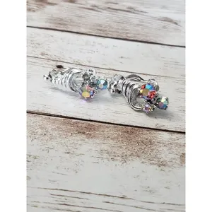 Vintage Clip On Earrings Silver Tone Hat With Iridescent Gems - One Gem Missing thumbnail 2