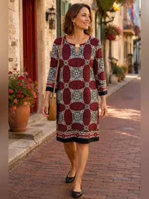 Sunny Leigh Red Black Medallion Print Shift Dress Gold Hardware 3/4 Sleeve Small thumbnail 2