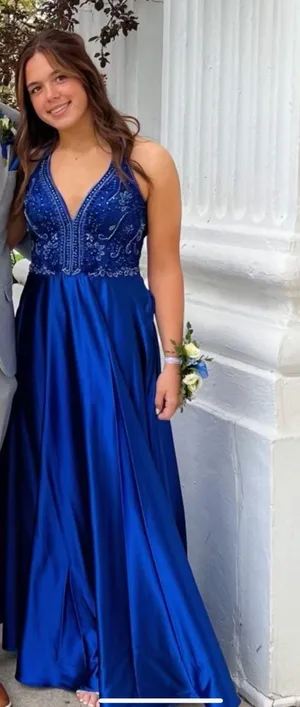 Beaded Silk Prom Dress Blue Size M thumbnail 1