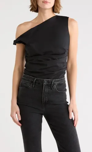 Good American One-Shoulder Poplin Top in Black. Size Large thumbnail 1