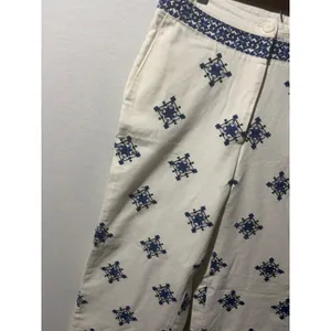 Mango White Blue Geometric Embroidered Wide Leg Cropped Pants Size‎ 4 NWT thumbnail 4