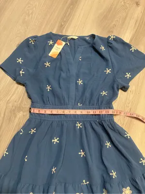 Simple Blue Short-Sleeve Embroidered Tiered Mini‎ Dress thumbnail 6