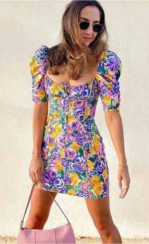 Zara Green‎ Purple Yellow Floral Mini Corset Dress Womens Large Coquette Girl thumbnail 1