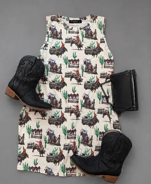 Lucky & Blessed Western Kicking Bull Cactus Printed Dress thumbnail 1