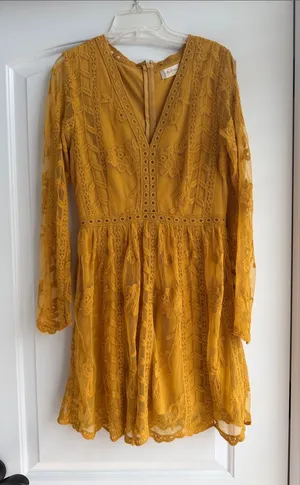 Altar'd State Mustard Lace V-Neck Long Sleeve Dress size Small thumbnail 1
