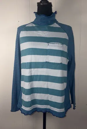 Free People We The Free XS Striped Turtleneck Top Teal Blue Raw Seam Pocket thumbnail 1
