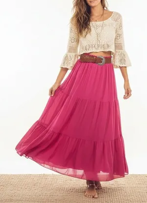 Haptics Womens Boho Tiered Maxi Skirt Size M Pink Festival Summer Romantic thumbnail 1