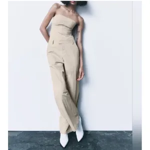 Zara Strapless Off The Shoulder‎ Nylon Jumpsuit, Khaki, Size Xs Bloggers Fav thumbnail 3