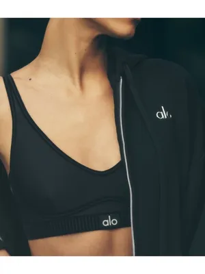 Alo Airlift Line Up Bra Black Padded Velvet Striped Sports Crop Top Bralette S thumbnail 4