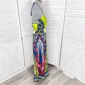 Alya Tribal Print Beaded Maxi‎ Halter Dress Neon Yellow Multicolor Small thumbnail 4