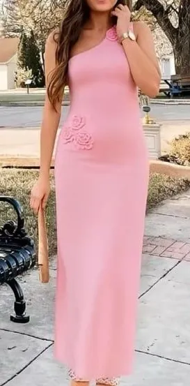 Zesica Pink One Shoulder Rose Applique Ribbed Knit Bodycon Maxi Dress L thumbnail 1