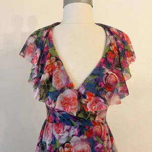 Fuzzi Floral Mesh Halter‎ Maxi Dress XS Romantic Ruffle Wedding Guest Italy $650 thumbnail 3