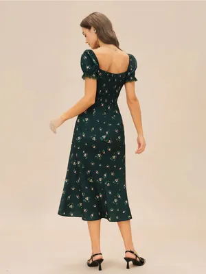 Rihoas Green Puffed Sleeve Floral Midi Dress thumbnail 6